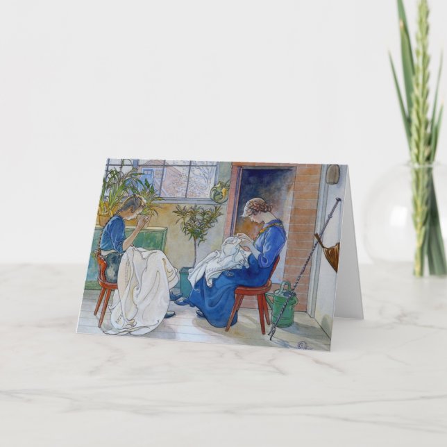 Cartão Irmãs que Sewing pela lareira (Frente)
