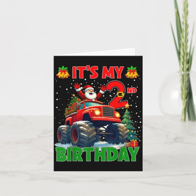 Cartão It’s My 2nd Birthday Xmas Santa Monster Truck Chri (Frente)