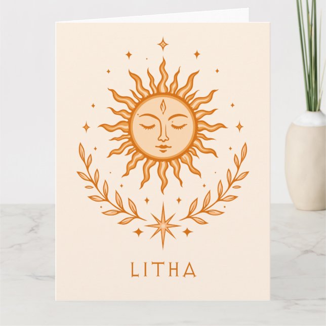 Cartão itha Celestial Sun Face Botanical Wreath Art (Frente)