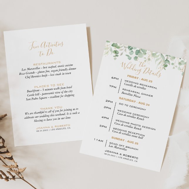 Cartão Itinerário Clássico Eucalyptus Leaf Wedding (Criador carregado)