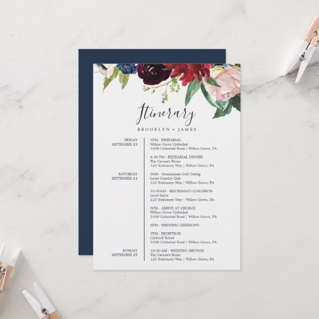 Cartão Itinerário de Casamento de Borgonha do Jard (Frente/Verso In Situ)