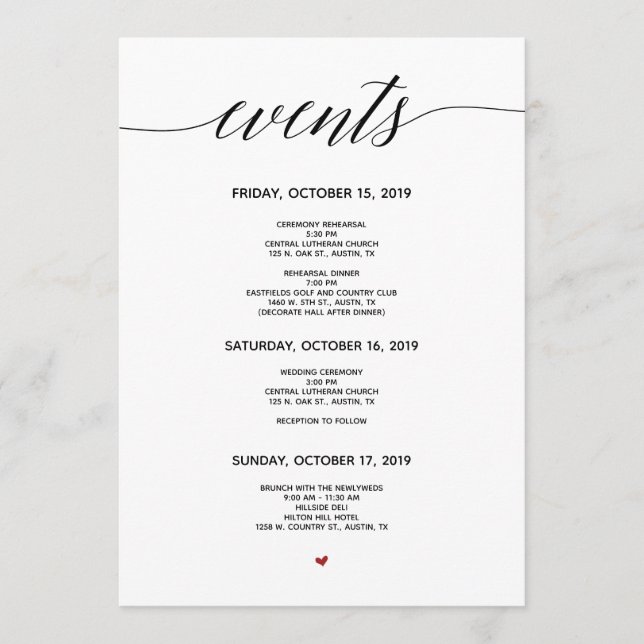 Cartão Itinerário Simples de Caligrafia Elegante (Frente)