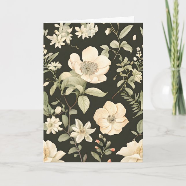 Cartão Ivory e Sage Green Floral em Preto (Frente)