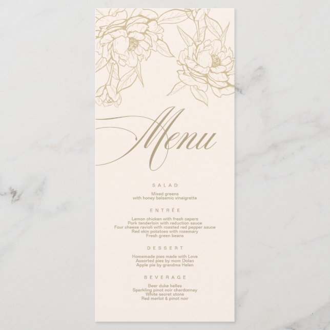 Cartão Ivory Wedding Menu, com Penônio floral de o (Frente)