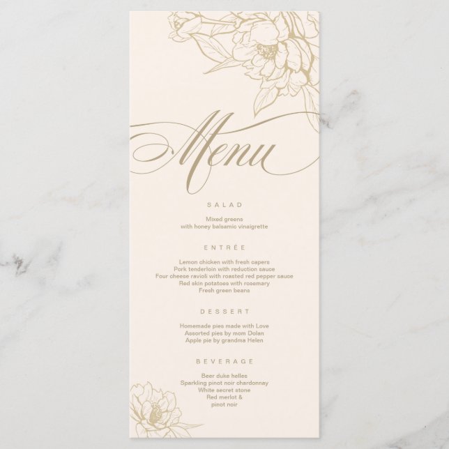 Cartão Ivory Wedding Menu, com Penônio floral de o (Frente)