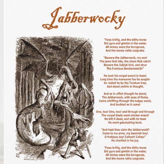 Cartão Jabberwocky Poem por Lewis Carroll (Adder Negro) (Lewis Carroll's fantastic Jabberwocky poem along with John Tenniel's drawing of the Jabberwock)