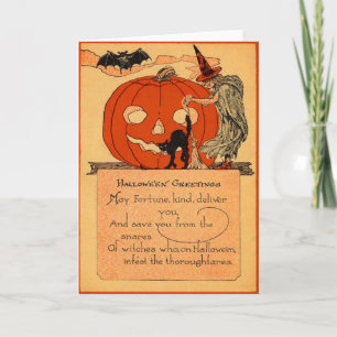 Cartão Jack O Lantern Witch Black Cat Bat Vintage