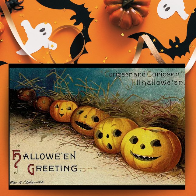 Cartão Jack O Lanterns Antigos Saudações de Halloween (Vintage Jack O Lanterns Halloween Greetings Downloadable Card with editable message.)