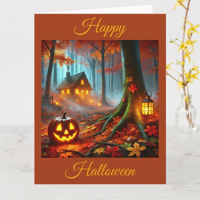 Cartão Jack O'Lantern em Floresta Spooky no Dia das Bruxa (Flor Amarela)
