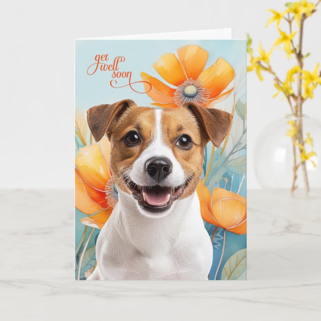 Cartão Jack Russell Dog Orange Poppy Flowers Get Well (Flor Amarela)