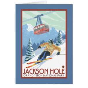 Cartão Jackson Hole, esquiador de Wyoming e bonde