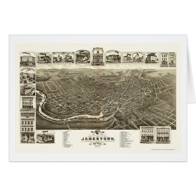 Cartão Jamestown, mapa panorâmico de NY - 1882 (Frente Horizontal)