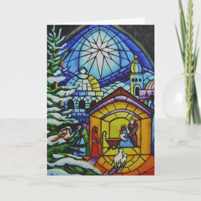 Cartão "Janela de Vitral de Natal em Aquarela (Frente)