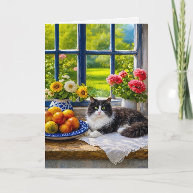 Cartão Janela Ensolarada, gato  (Frente)