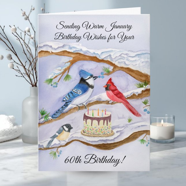 Cartão January 60th Birthday Backyard Birds Watercolor (Criador carregado)