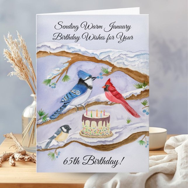 Cartão January 65th Birthday Backyard Birds Watercolor (Criador carregado)