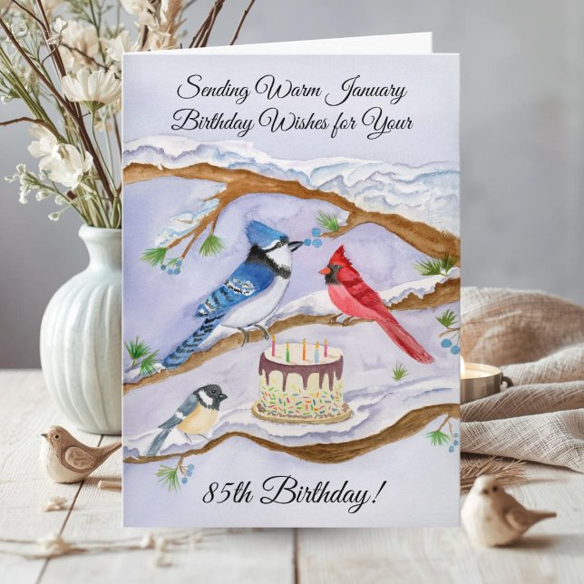 Cartão January 85th Birthday Backyard Birds Watercolor (Criador carregado)