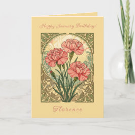 Cartão January Birthday Pink Carnations Art Nouveau Style