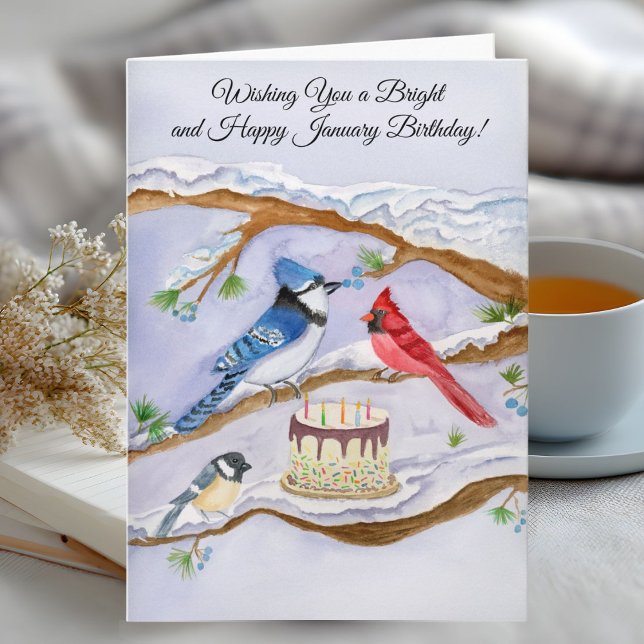 Cartão January Birthday with Backyard Birds and Cake (Criador carregado)