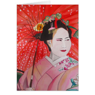 Cartão Japonês Geisha com arte original de guarda-chuva v