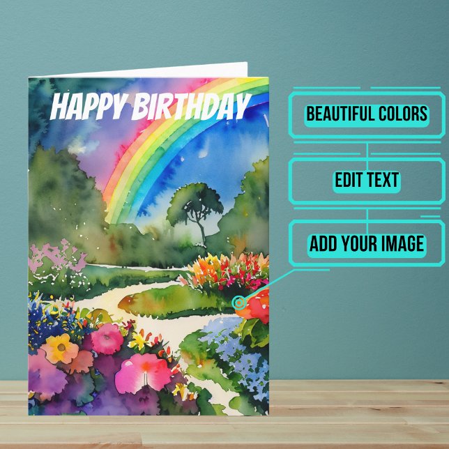 Cartão Jardim com Flores e Aquarela Arco-Íris (Wish someone you care about a happy birthday with this colorful design featuring watercolors.)