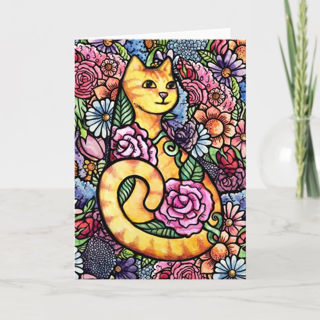 Cartão Jardim de Flores de Gato Laranja (Frente)