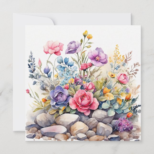 Cartão Jardim de Flores em Aquarela sobre as Rochas (Frente)