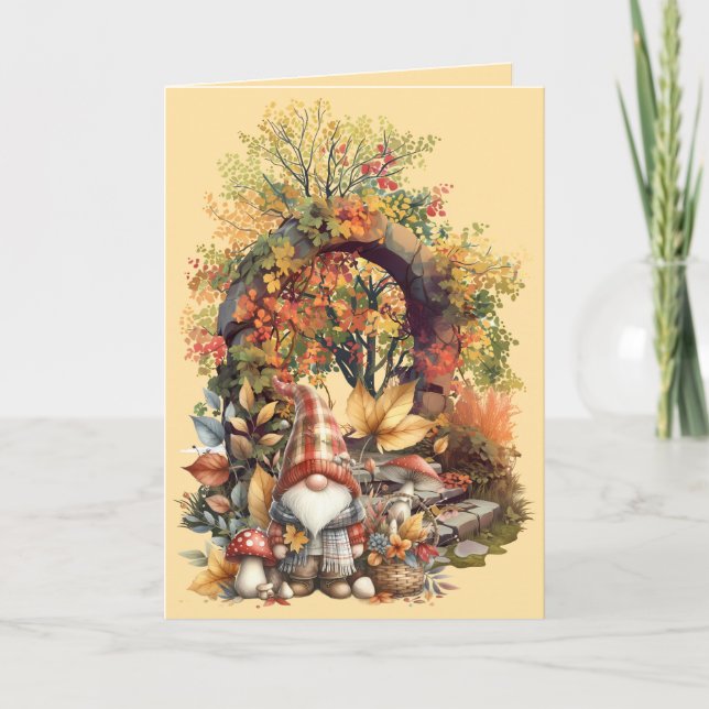 Cartão Jardim de outono tranquilo com Gnome (Frente)