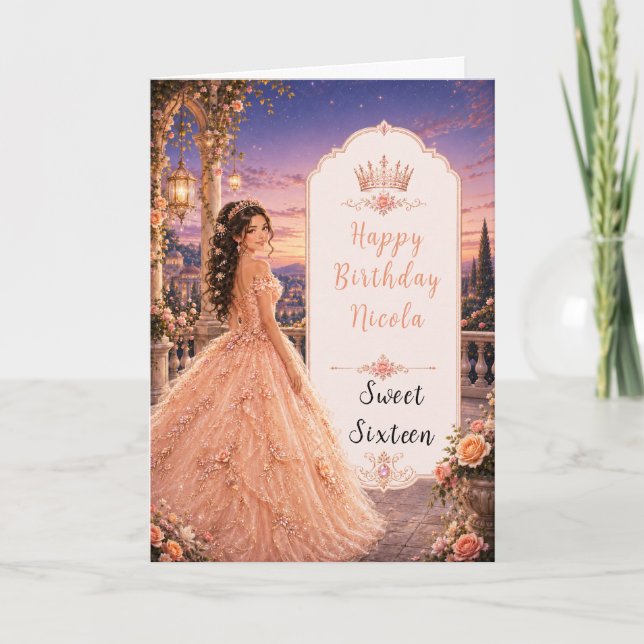 Cartão Jardim de Princesa Blush Peach Sweet 16 (Frente)