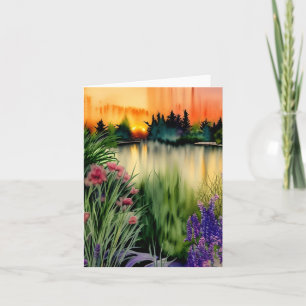 Cartão Jardim do pôr do sol em aquarela lagoa personalizá