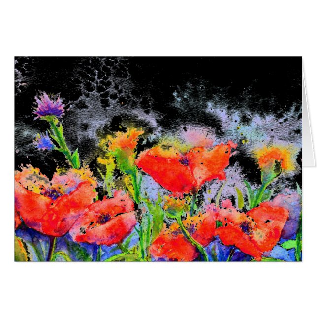 Cartão Jardim floral vermelho-aquoso - Campos de papoila (Frente horizontal)