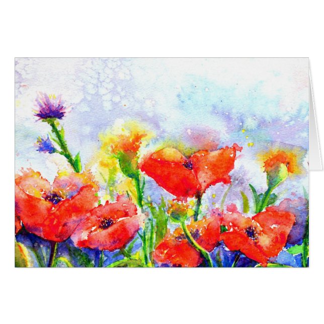 Cartão Jardim floral vermelho-aquoso - Campos de papoila (Frente horizontal)