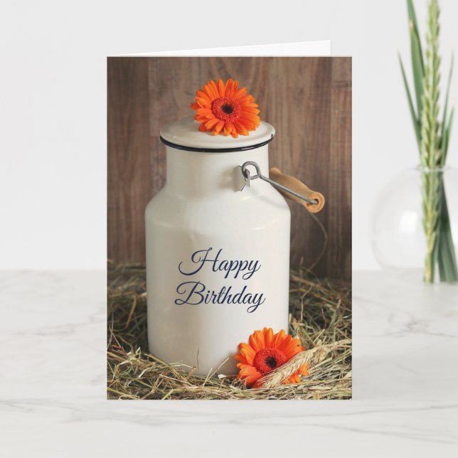 Cartão Jarra de Leite Branco Rústico com Flores de Aniver (Frente)