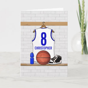 Cartão Jérsei de Basquete Branco e Azul Personalizado