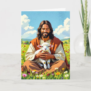 Cartão Jesus segurando um cordeiro   Páscoa religiosa