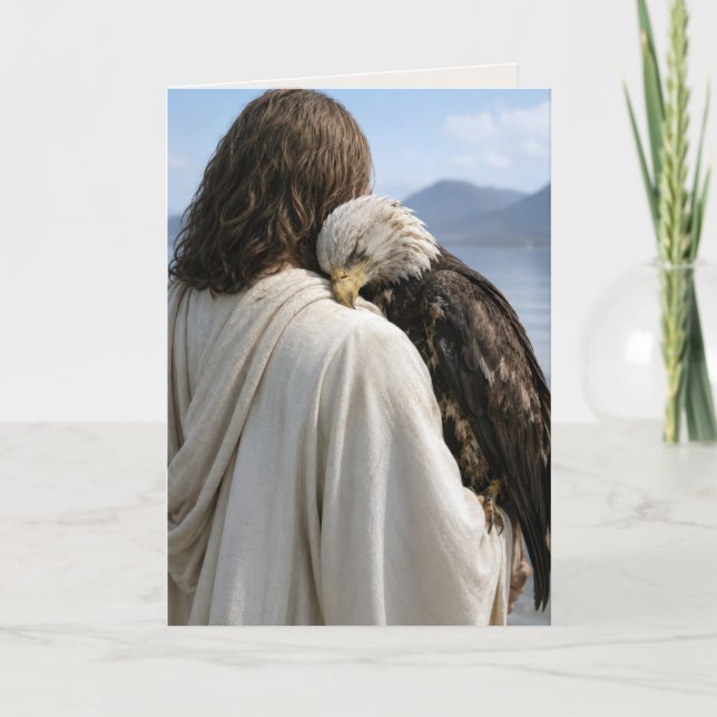 Cartão Jesus segurando uma águia-careca cansada (Frente)