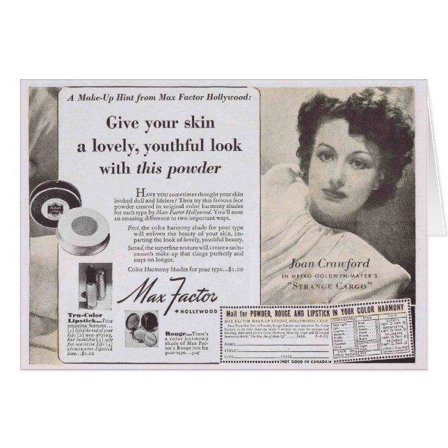 Cartão Joan Crawford Face Powder Ad (Frente Horizontal)