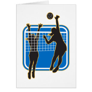 Cartão Jogador de voleibol que crava obstruindo a bola