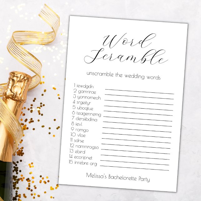 Cartão Jogo de Festa de solteira do Word Scramble (wedding word scramble bachelorette party game word scramble bridal shower elegant minimalist)