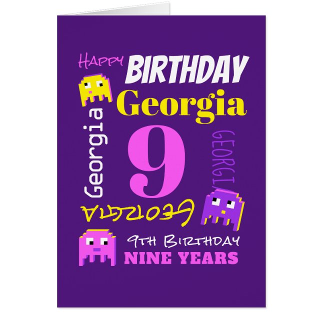 Cartão jogo de píxeis amarelo-rosa com nome personalizado (Frente)