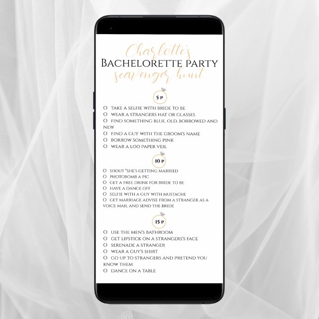 Cartão Jogo gPhoto Dourado de Festa de solteira de Caça d (bachelorette party scavenger hunt)