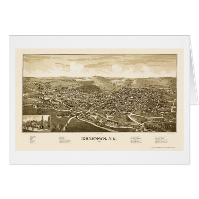 Cartão Johnstown, mapa panorâmico de NY - 1888 (Frente Horizontal)