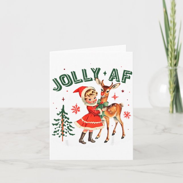 Cartão Jolly Af Christmas Retro 50s Cute Girl And Deer Vi (Frente)