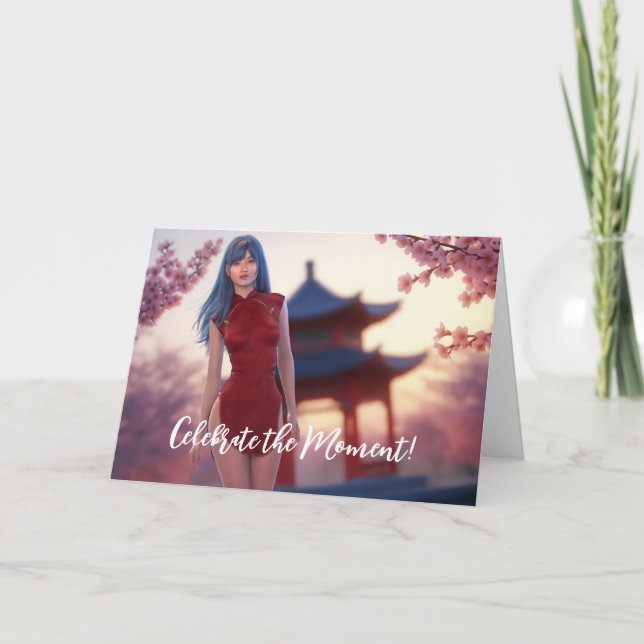 Cartão Jovem Cheongsam Bela Posicionando para Ano Novo Ch (Frente)