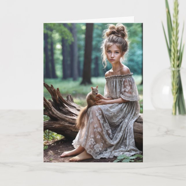 Cartão Jovem Mulher De Aniversário Com Esquilo (Frente)