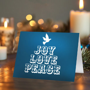 Cartão Joy ama paz pomba branca árvore de natal azul