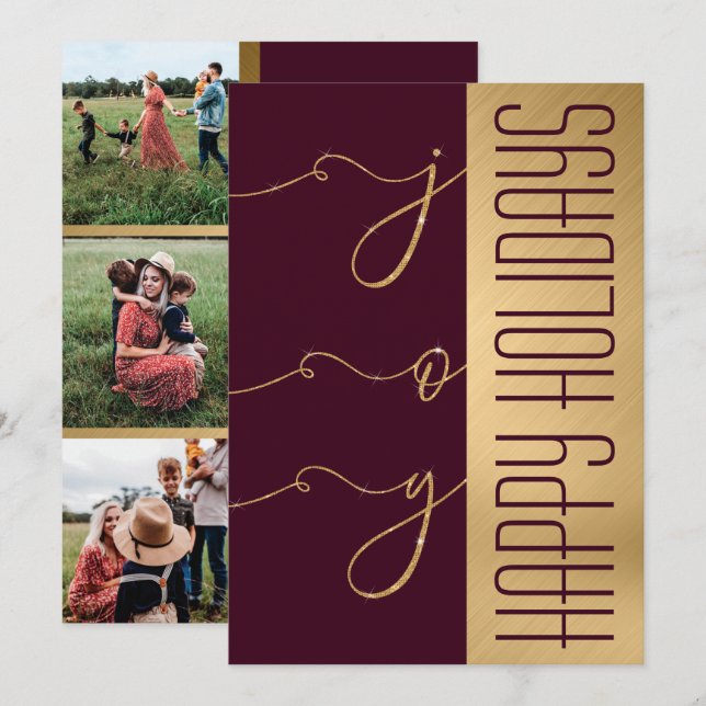 Cartão Joy Elegant Dourado Burgundy Foto Feriado (Frente/Verso)