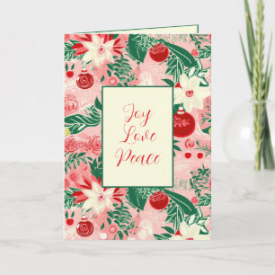Cartão Joy Love Peace Pink Red Floral Christmas Card