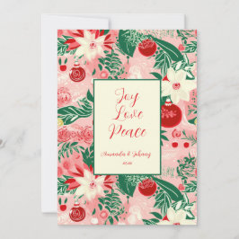 Cartão Joy Love Peace Pink Red Floral Christmas Card