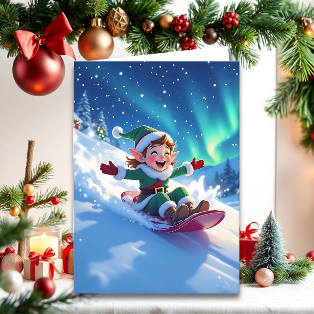 Cartão Joyful Christmas Elf Sledding Personalize (Criador carregado)